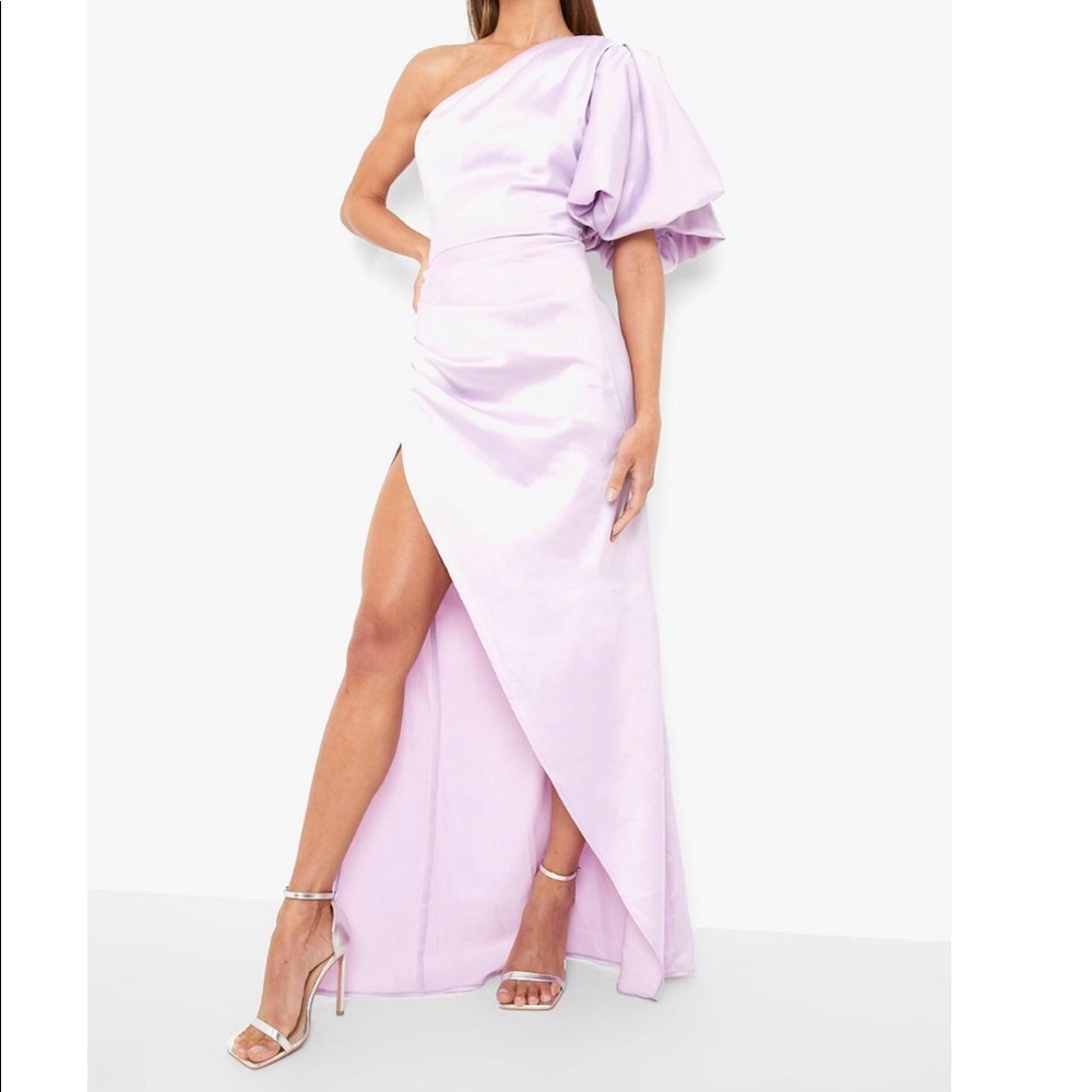 Purple Puff sleeve One Shoulder Side Split Maxi Dress Formal Gown